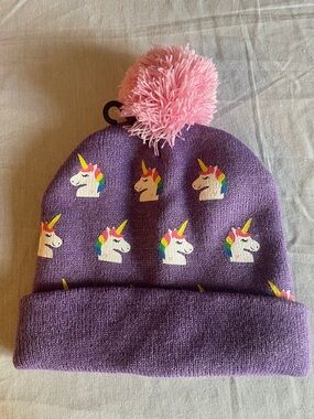 Source Unknown Purple Knit Beanie with Pink Pom & Rainbow Unicorns
